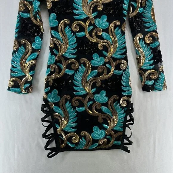 Fashion Nova Dress Size  XS Caprice Sequin Strap Side Bodycon Long Sleeve Black - Picture 5 of 12